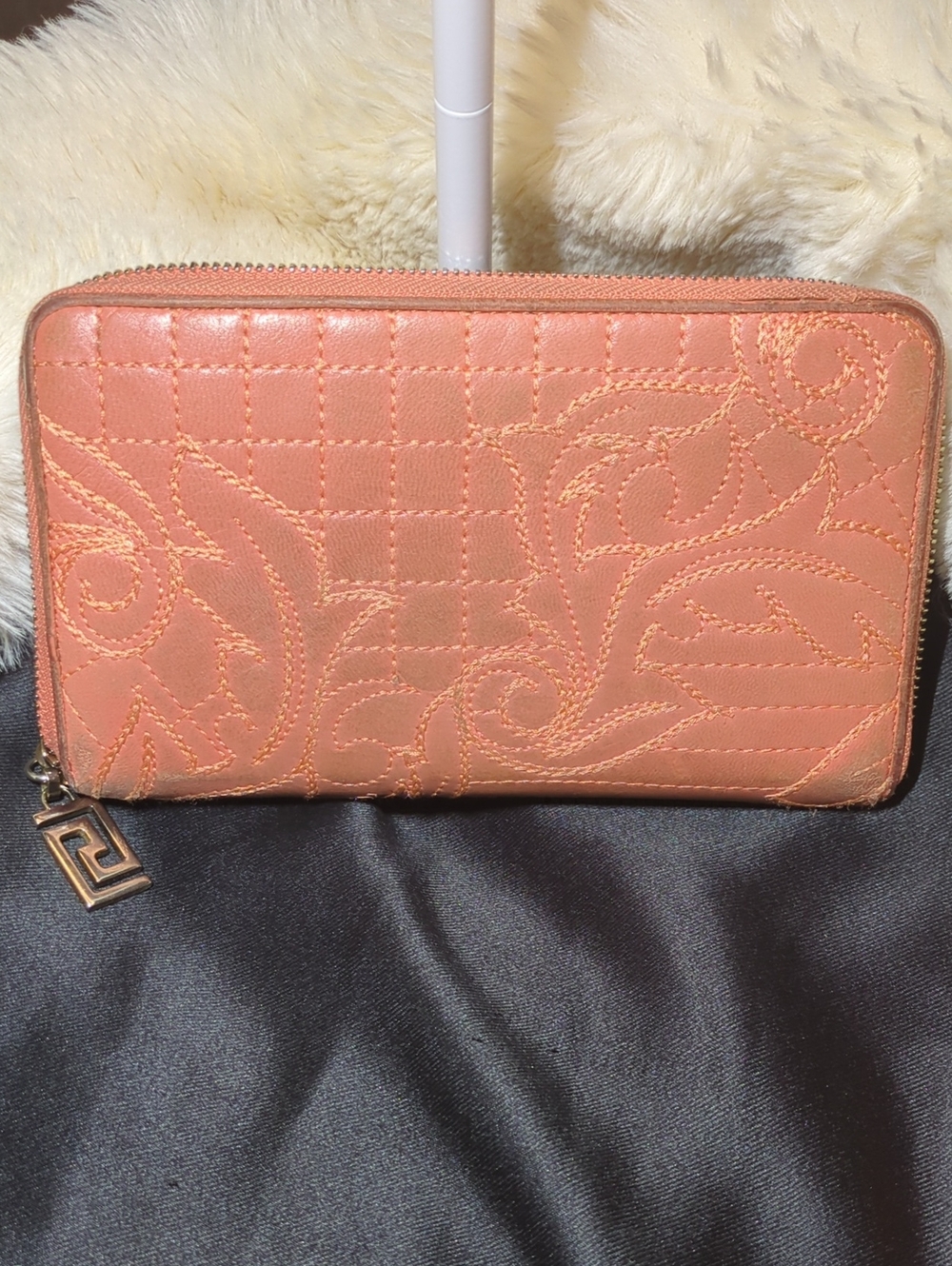 Vintage Versace Coral Quilted Embroidered Zip-Around Wallet NOW ONLY $200